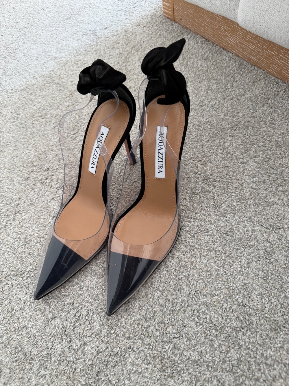 Aquazzura Black and Clear Pointed Toe Stiletto Heels with Bow Accent